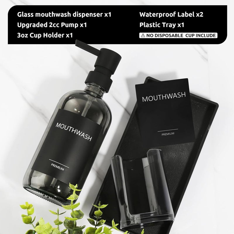 TOLDATLI Mouthwash Dispenser for Bathroom, Glass Mouth Wash Pump Dispenser with Cup Holder, 17 Fl Oz Mouthwash Bottle Decanter with Tray, Refillable Mouthwash Dispenser Container (Clear Black) - Image 5